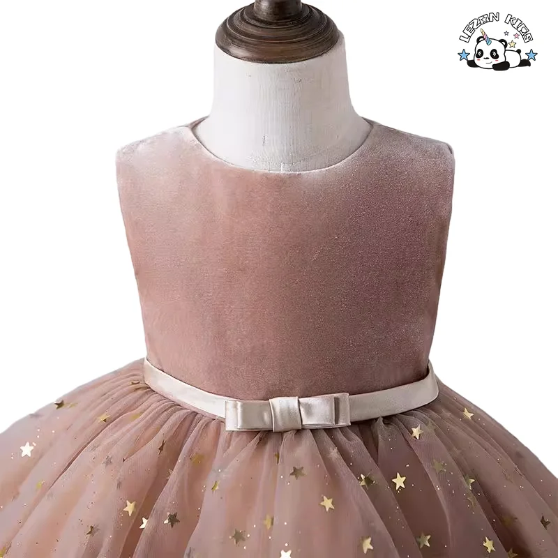 LEZONKIDS - Vestido de Menina Tulle com Impressão de Folha de Prata para o Verão, sem Mangas, para Festa